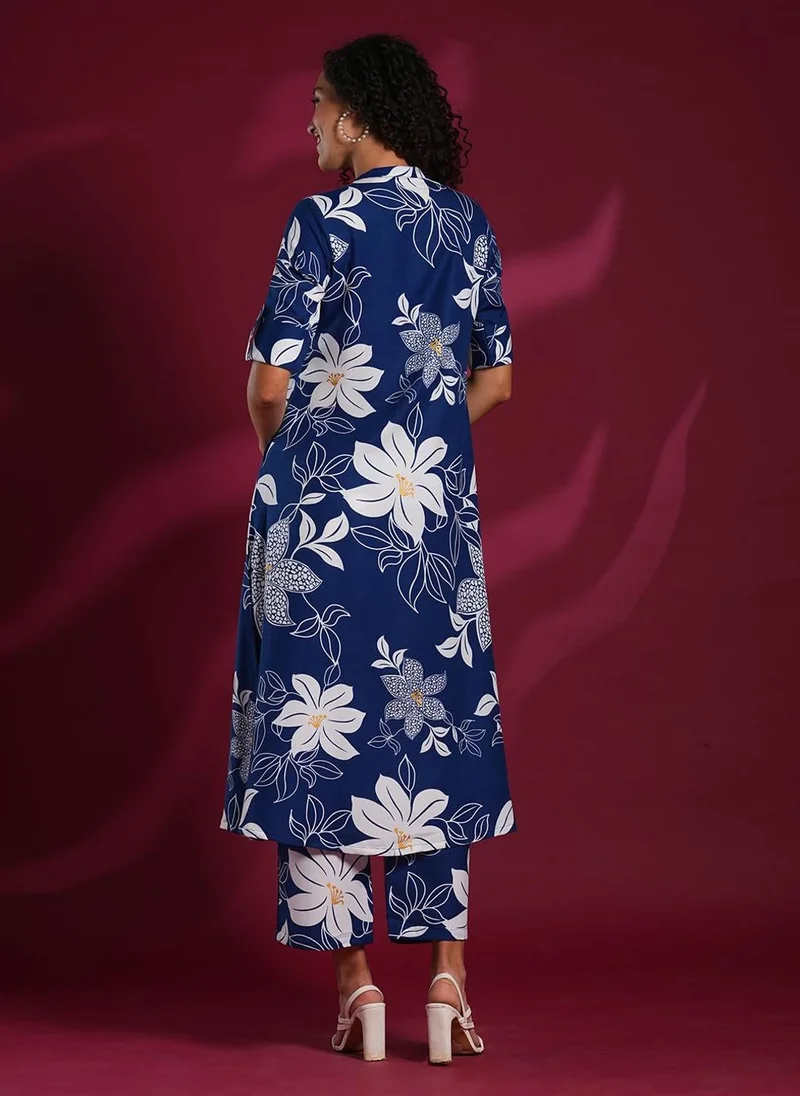 جو سريكي كورتا مستقيمة مطبوعة من GoSriKi من رايون فيسكوز مع بنطال (سونوني بلو-VKS04-GS_5XL_Blue_XXXXX-كبير)